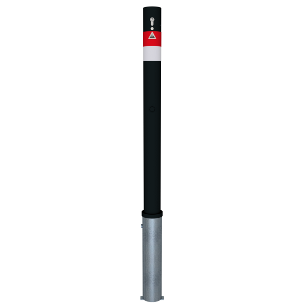 Barrier post | Black - Line |  76 mm | removable | self-engaging lock, incl. base rosette, | with hot-dip galvanized ground sleeve, approx. 400 mm below ground | with Euro profile cylinder lock and three keys